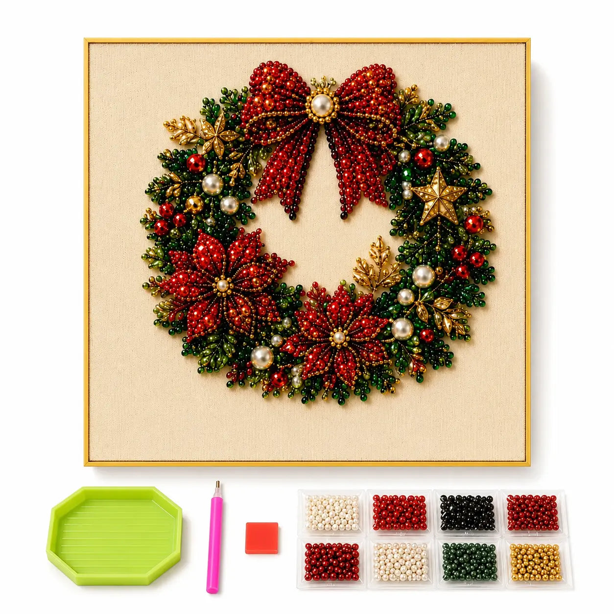 【8*8Inch】Frameless 3D Beaded Christmas Pearl Diamond Painting, Xmas Wreath Stocking Mosaic Art, Stress Relief DIY Home Wall Decoration