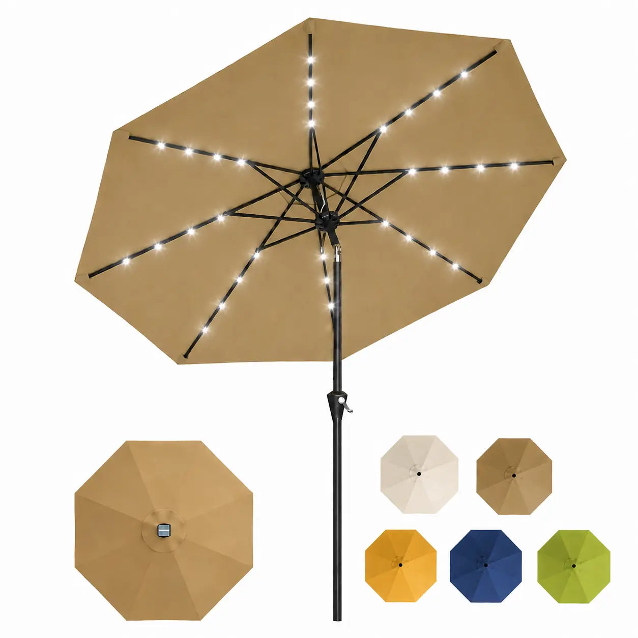 Garvee 10FT Solar LED Patio Umbrella with 32 LED Lights, Outdoor Market Table Umbrella, UPF 50+ UV Protection, Waterproof Vented Canopy, Push Button Tilt & Crank Lift, 8 Ribs
