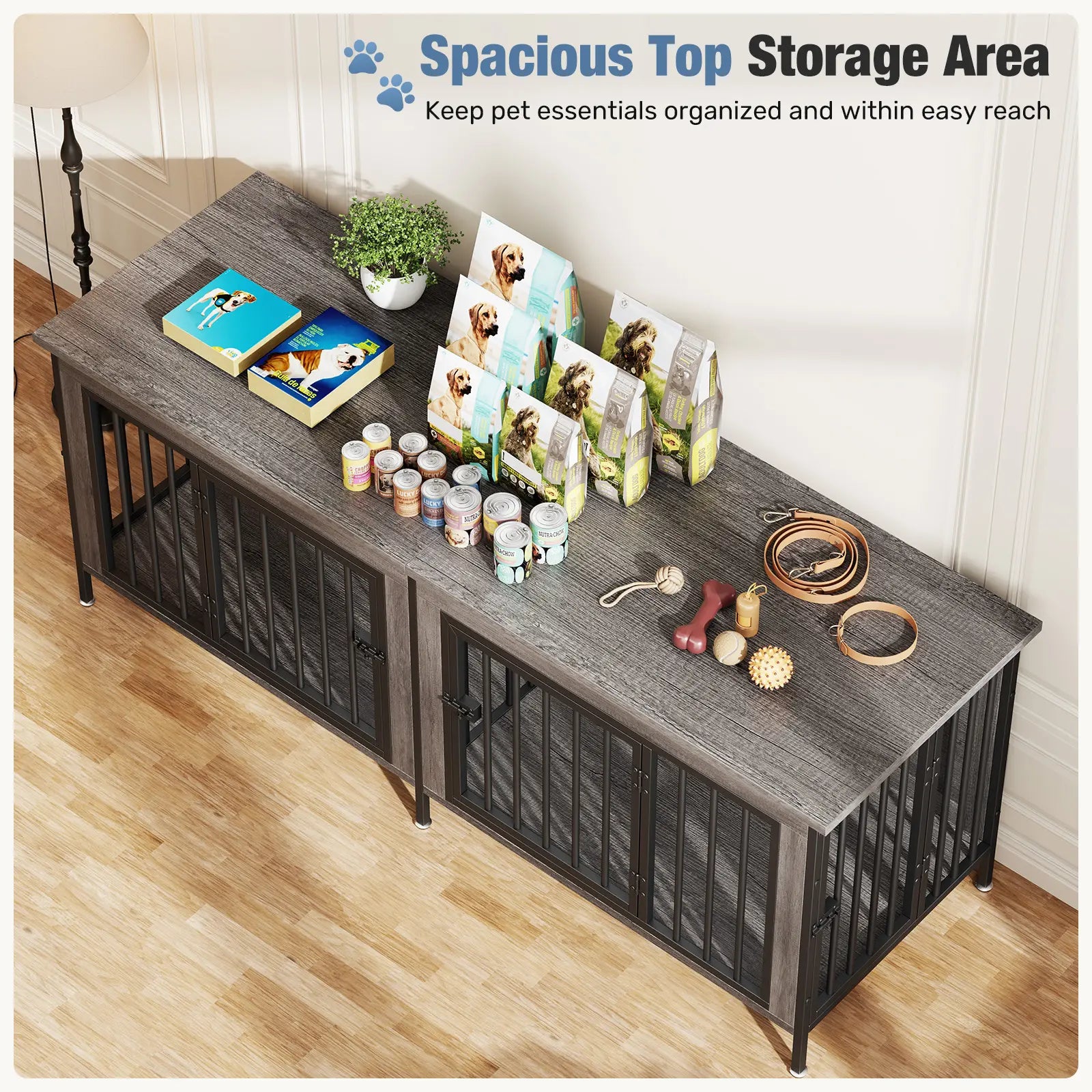 Sweetcrispy 3-In-1 Reinforced Metal & Wood Dual Crate Furniture - 2-Compartment Heavy-Duty Rustic Farmhouse Dog Kennel, TV Stand & Side Table for Living Room, Double Door Locks, 40Lb Capacity, Space Saving, 27.56" L×23.62" W×25.49" H for Small/Med Dogs