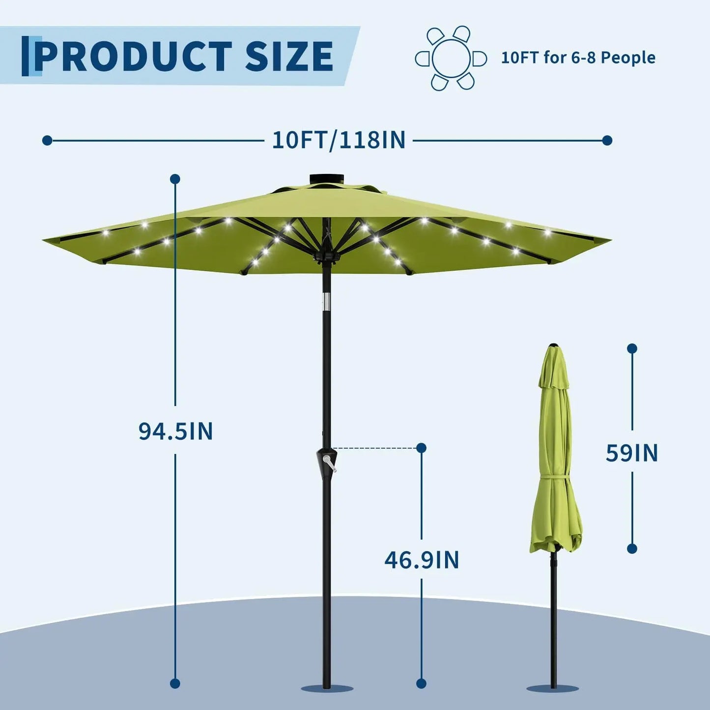 Garvee 10FT Solar LED Patio Umbrella with 32 LED Lights, Outdoor Market Table Umbrella, UPF 50+ UV Protection, Waterproof Vented Canopy, Push Button Tilt & Crank Lift, 8 Ribs