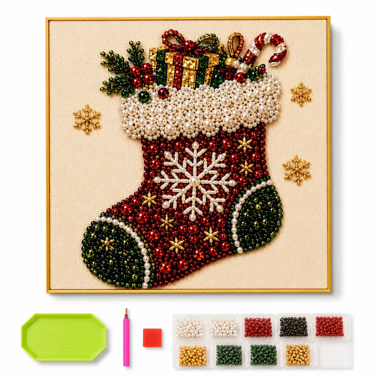 【8*8Inch】Frameless 3D Beaded Christmas Pearl Diamond Painting, Xmas Wreath Stocking Mosaic Art, Stress Relief DIY Home Wall Decoration