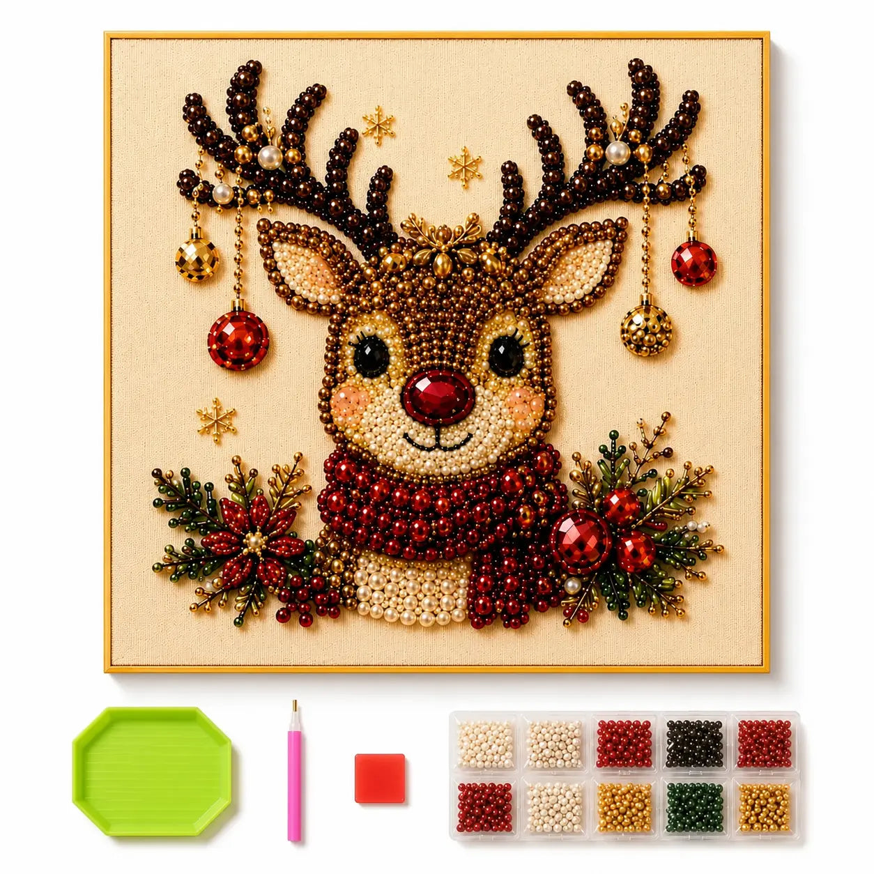 【8*8Inch】Frameless 3D Beaded Christmas Pearl Diamond Painting, Xmas Wreath Stocking Mosaic Art, Stress Relief DIY Home Wall Decoration