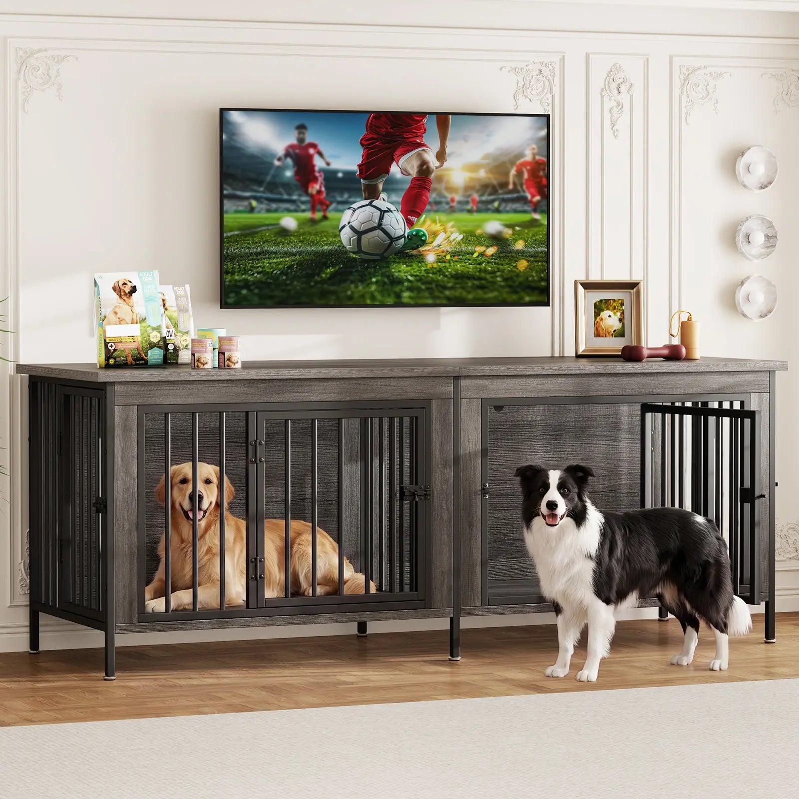Sweetcrispy 3-In-1 Reinforced Metal & Wood Dual Crate Furniture - 2-Compartment Heavy-Duty Rustic Farmhouse Dog Kennel, TV Stand & Side Table for Living Room, Double Door Locks, 40Lb Capacity, Space Saving, 27.56" L×23.62" W×25.49" H for Small/Med Dogs