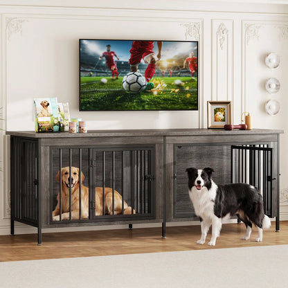 Sweetcrispy 3-In-1 Reinforced Metal & Wood Dual Crate Furniture - 2-Compartment Heavy-Duty Rustic Farmhouse Dog Kennel, TV Stand & Side Table for Living Room, Double Door Locks, 40Lb Capacity, Space Saving, 27.56" L×23.62" W×25.49" H for Small/Med Dogs