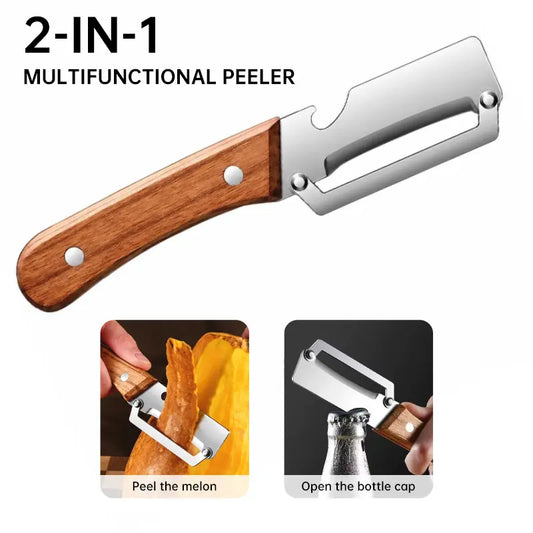 (Upgraded Thickened Version) Wood Handle Multifunction Kitchen Peeler – Peel, Slice, Scrape & Bottle Opener Tool