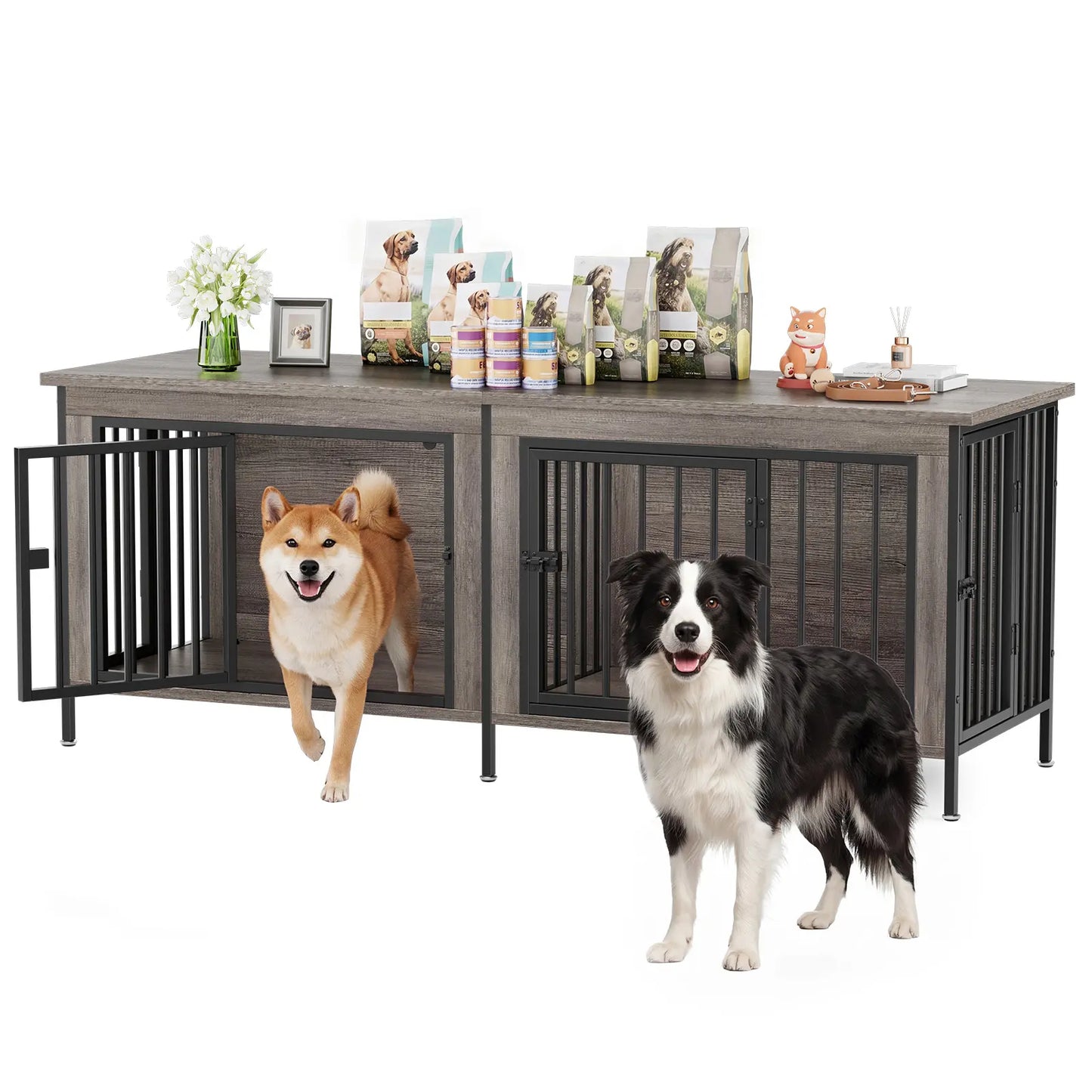 Sweetcrispy 3-In-1 Reinforced Metal & Wood Dual Crate Furniture - 2-Compartment Heavy-Duty Rustic Farmhouse Dog Kennel, TV Stand & Side Table for Living Room, Double Door Locks, 40Lb Capacity, Space Saving, 27.56" L×23.62" W×25.49" H for Small/Med Dogs