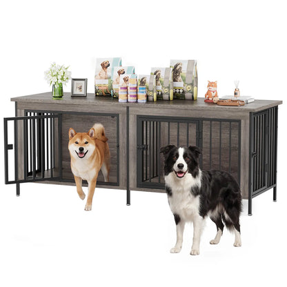 Sweetcrispy 3-In-1 Reinforced Metal & Wood Dual Crate Furniture - 2-Compartment Heavy-Duty Rustic Farmhouse Dog Kennel, TV Stand & Side Table for Living Room, Double Door Locks, 40Lb Capacity, Space Saving, 27.56" L×23.62" W×25.49" H for Small/Med Dogs