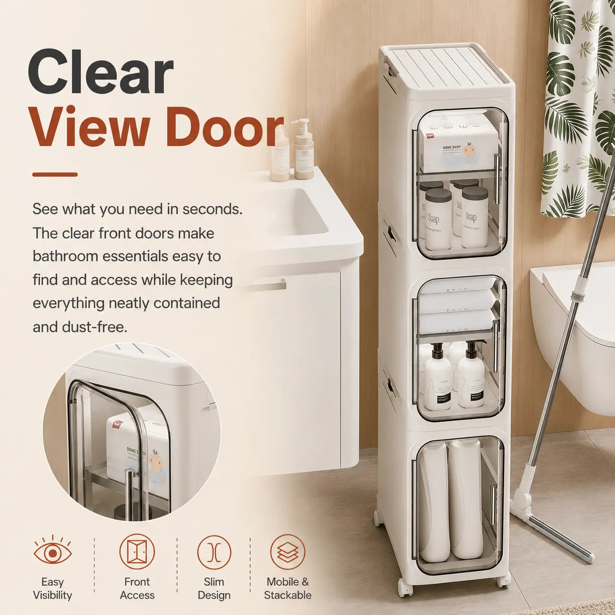 ONAIL Four-Layer Tall and Narrow Storage Cabinet, Made of Plastic, with a Slim Design, Doors and Adjustable Shelves, Wheels, Stackable and Foldable, Suitable for Small Spaces, Bathroom and Kitchen