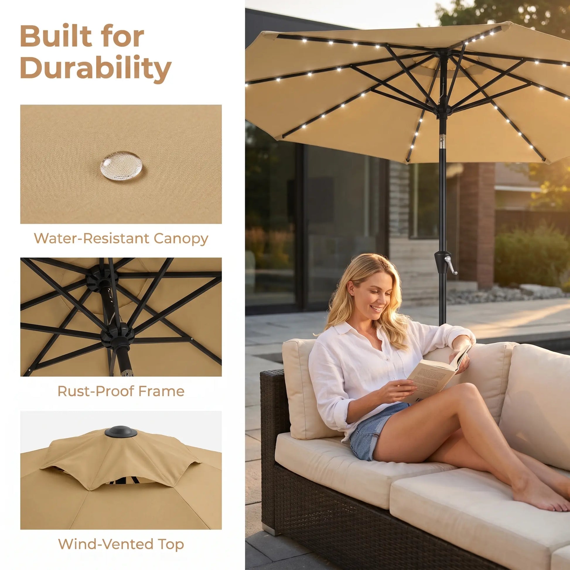 Garvee 10FT Solar LED Patio Umbrella with 32 LED Lights, Outdoor Market Table Umbrella, UPF 50+ UV Protection, Waterproof Vented Canopy, Push Button Tilt & Crank Lift, 8 Ribs