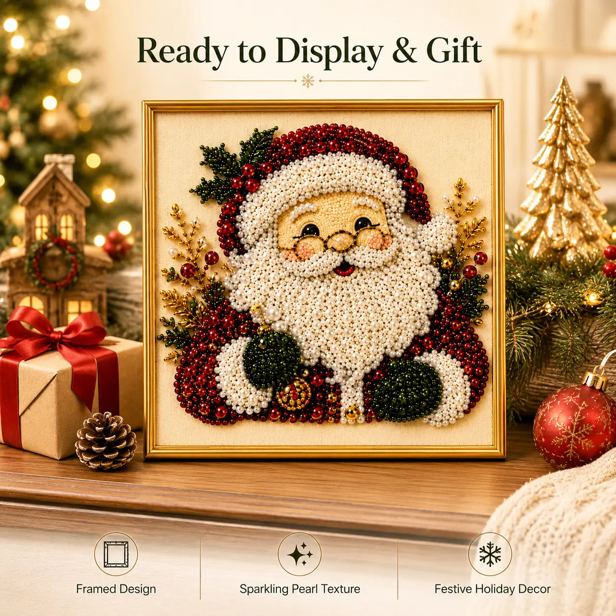 【8*8Inch】Frameless 3D Beaded Christmas Pearl Diamond Painting, Xmas Wreath Stocking Mosaic Art, Stress Relief DIY Home Wall Decoration