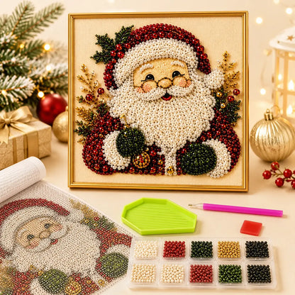 【8*8Inch】Frameless 3D Beaded Christmas Pearl Diamond Painting, Xmas Wreath Stocking Mosaic Art, Stress Relief DIY Home Wall Decoration