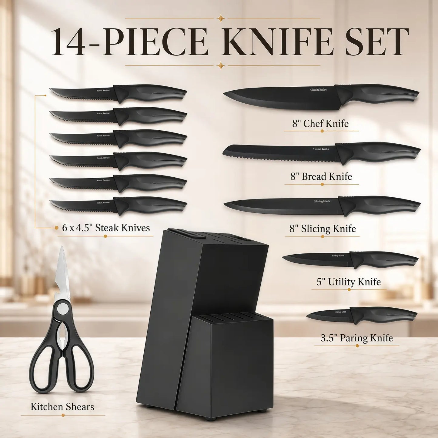 14-Piece Self-Sharpening Stainless Steel Knife Set for Home Kitchen, Black Knives with Storage Block, Built-In Sharpener, ABS Ergonomic Anti-Slip Handles, Dishwasher Safe for Slicing and Cutting Sohochic