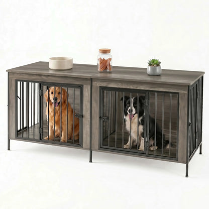 Sweetcrispy 3-In-1 Reinforced Metal & Wood Dual Crate Furniture - 2-Compartment Heavy-Duty Rustic Farmhouse Dog Kennel, TV Stand & Side Table for Living Room, Double Door Locks, 40Lb Capacity, Space Saving, 27.56" L×23.62" W×25.49" H for Small/Med Dogs
