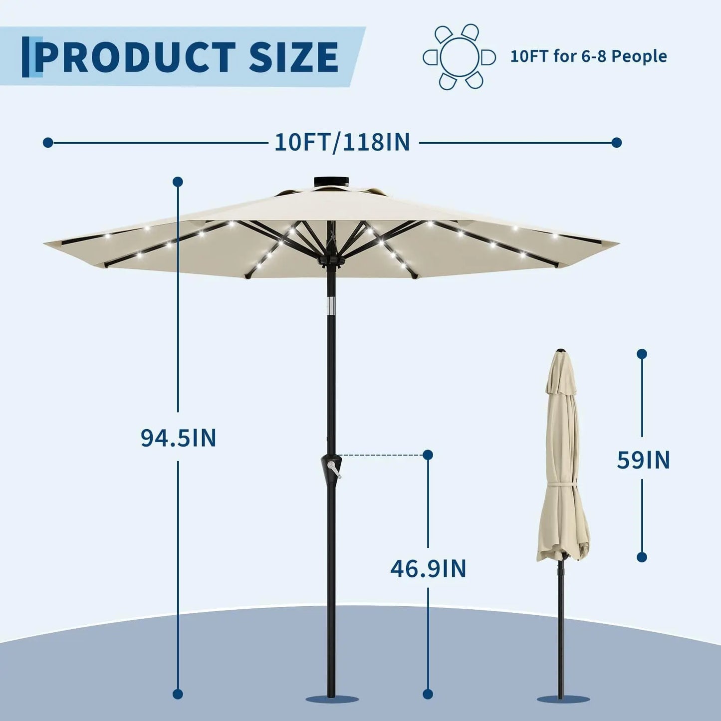 Garvee 10FT Solar LED Patio Umbrella with 32 LED Lights, Outdoor Market Table Umbrella, UPF 50+ UV Protection, Waterproof Vented Canopy, Push Button Tilt & Crank Lift, 8 Ribs