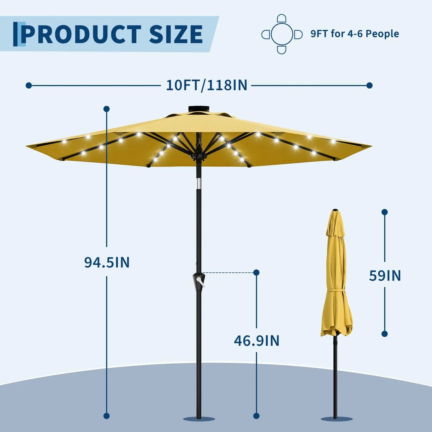 Garvee 10FT Solar LED Patio Umbrella with 32 LED Lights, Outdoor Market Table Umbrella, UPF 50+ UV Protection, Waterproof Vented Canopy, Push Button Tilt & Crank Lift, 8 Ribs