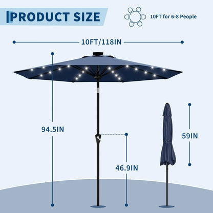 Garvee 10FT Solar LED Patio Umbrella with 32 LED Lights, Outdoor Market Table Umbrella, UPF 50+ UV Protection, Waterproof Vented Canopy, Push Button Tilt & Crank Lift, 8 Ribs