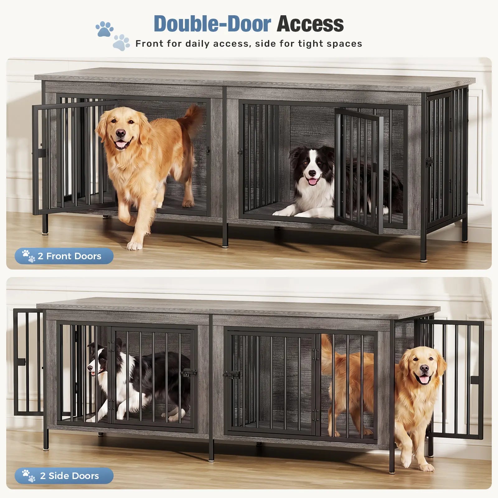 Sweetcrispy 3-In-1 Reinforced Metal & Wood Dual Crate Furniture - 2-Compartment Heavy-Duty Rustic Farmhouse Dog Kennel, TV Stand & Side Table for Living Room, Double Door Locks, 40Lb Capacity, Space Saving, 27.56" L×23.62" W×25.49" H for Small/Med Dogs