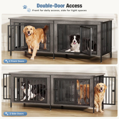 Sweetcrispy 3-In-1 Reinforced Metal & Wood Dual Crate Furniture - 2-Compartment Heavy-Duty Rustic Farmhouse Dog Kennel, TV Stand & Side Table for Living Room, Double Door Locks, 40Lb Capacity, Space Saving, 27.56" L×23.62" W×25.49" H for Small/Med Dogs