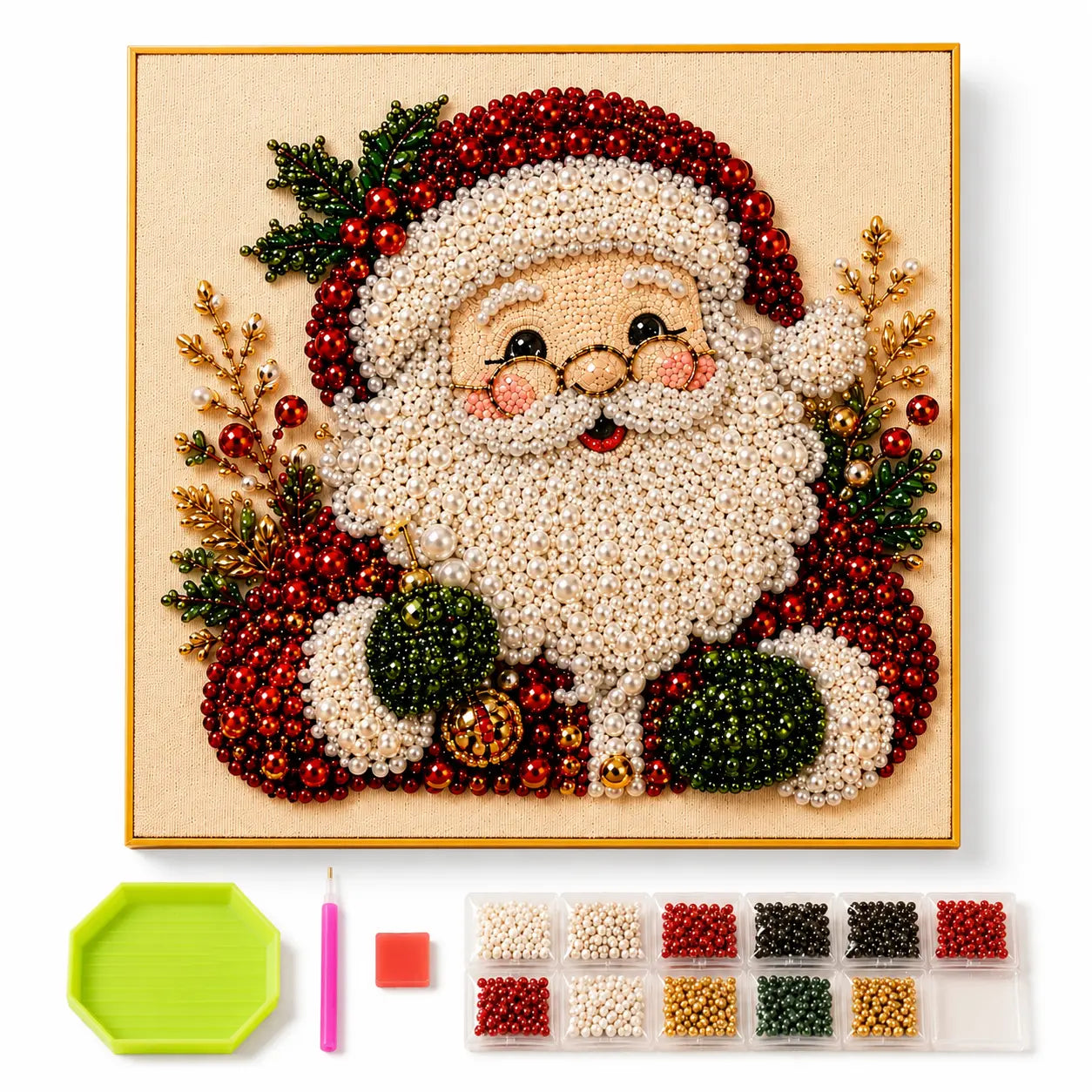 【8*8Inch】Frameless 3D Beaded Christmas Pearl Diamond Painting, Xmas Wreath Stocking Mosaic Art, Stress Relief DIY Home Wall Decoration