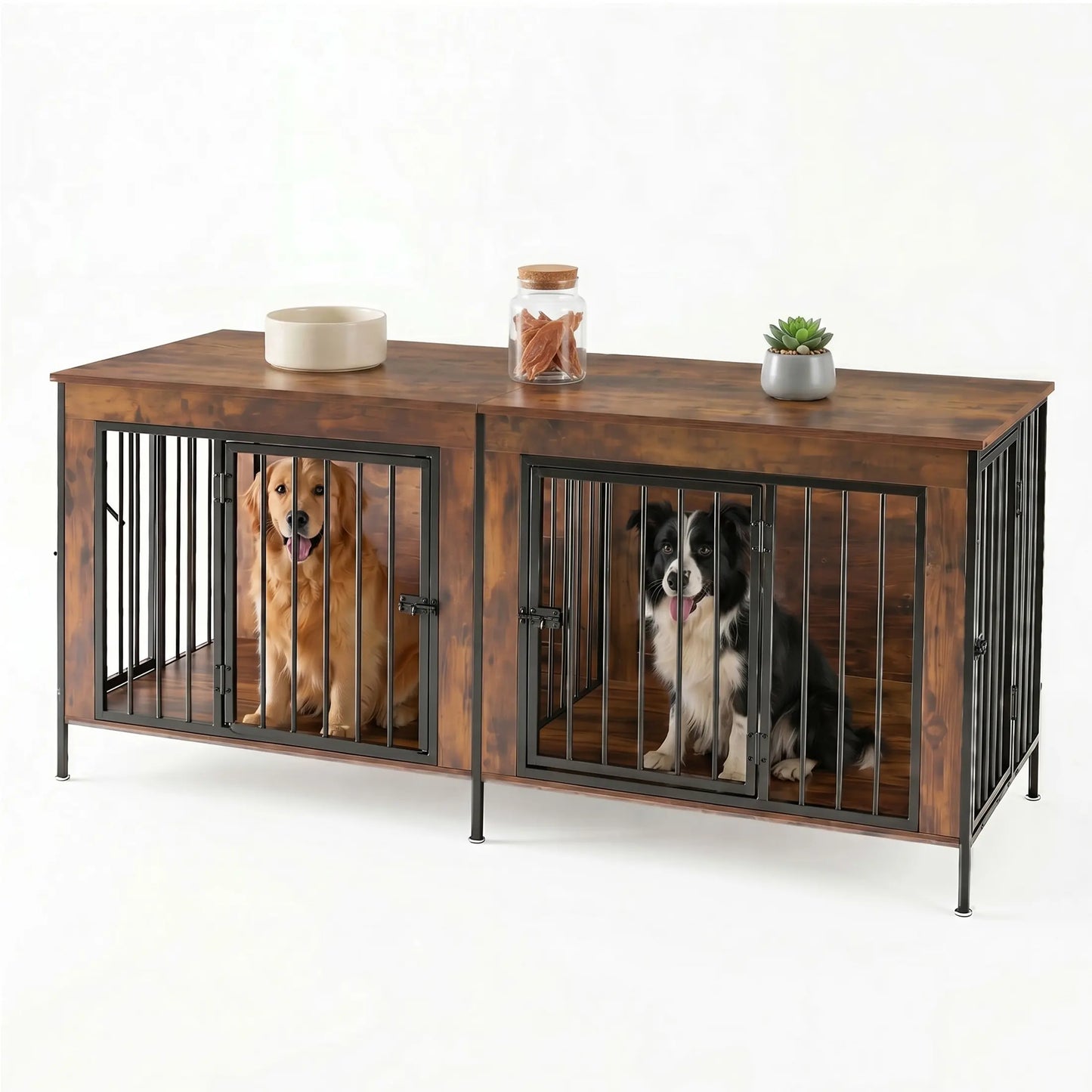 Sweetcrispy 3-In-1 Reinforced Metal & Wood Dual Crate Furniture - 2-Compartment Heavy-Duty Rustic Farmhouse Dog Kennel, TV Stand & Side Table for Living Room, Double Door Locks, 40Lb Capacity, Space Saving, 27.56" L×23.62" W×25.49" H for Small/Med Dogs