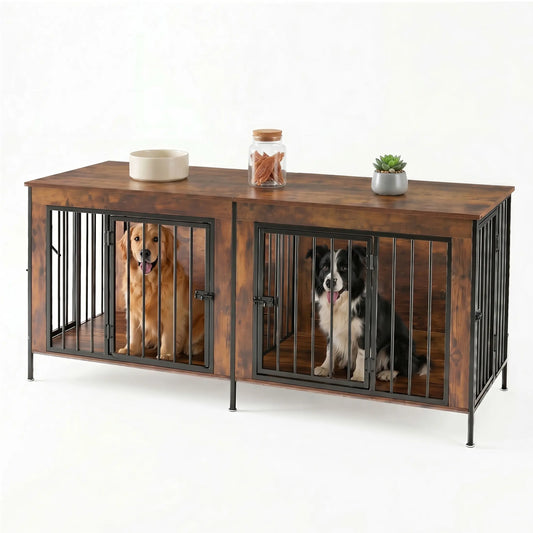 Sweetcrispy 3-In-1 Reinforced Metal & Wood Dual Crate Furniture - 2-Compartment Heavy-Duty Rustic Farmhouse Dog Kennel, TV Stand & Side Table for Living Room, Double Door Locks, 40Lb Capacity, Space Saving, 27.56" L×23.62" W×25.49" H for Small/Med Dogs