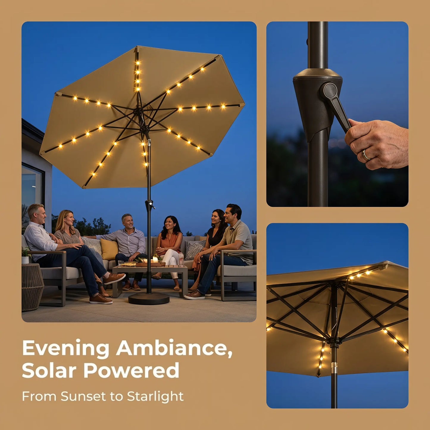 Garvee 10FT Solar LED Patio Umbrella with 32 LED Lights, Outdoor Market Table Umbrella, UPF 50+ UV Protection, Waterproof Vented Canopy, Push Button Tilt & Crank Lift, 8 Ribs