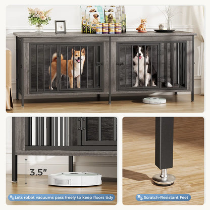 Sweetcrispy 3-In-1 Reinforced Metal & Wood Dual Crate Furniture - 2-Compartment Heavy-Duty Rustic Farmhouse Dog Kennel, TV Stand & Side Table for Living Room, Double Door Locks, 40Lb Capacity, Space Saving, 27.56" L×23.62" W×25.49" H for Small/Med Dogs