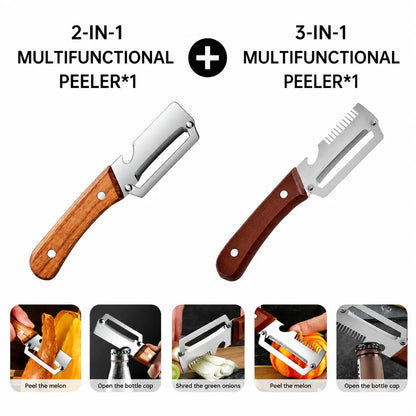 (Upgraded Thickened Version) Wood Handle Multifunction Kitchen Peeler – Peel, Slice, Scrape & Bottle Opener Tool
