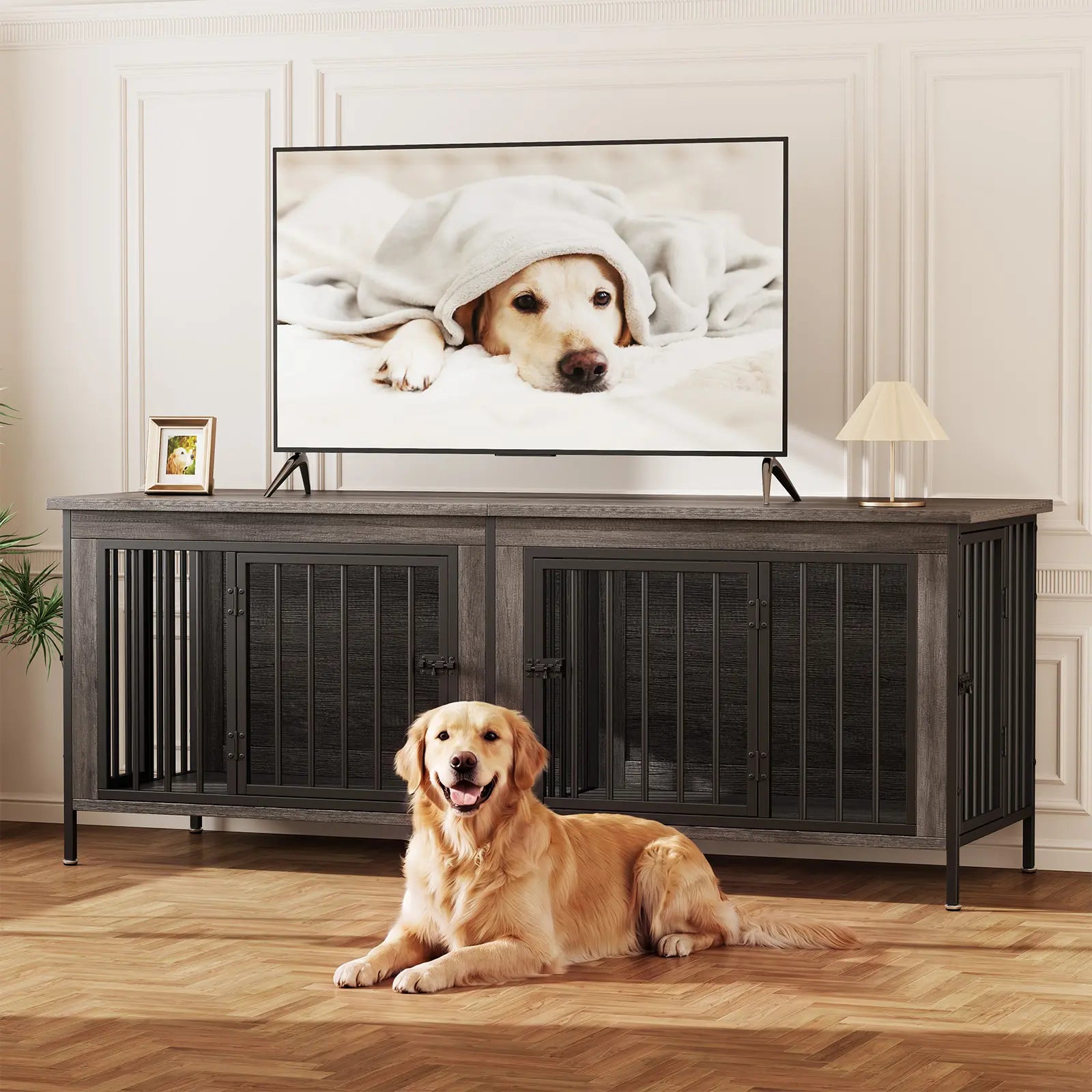 Sweetcrispy 3-In-1 Reinforced Metal & Wood Dual Crate Furniture - 2-Compartment Heavy-Duty Rustic Farmhouse Dog Kennel, TV Stand & Side Table for Living Room, Double Door Locks, 40Lb Capacity, Space Saving, 27.56" L×23.62" W×25.49" H for Small/Med Dogs
