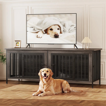 Sweetcrispy 3-In-1 Reinforced Metal & Wood Dual Crate Furniture - 2-Compartment Heavy-Duty Rustic Farmhouse Dog Kennel, TV Stand & Side Table for Living Room, Double Door Locks, 40Lb Capacity, Space Saving, 27.56" L×23.62" W×25.49" H for Small/Med Dogs