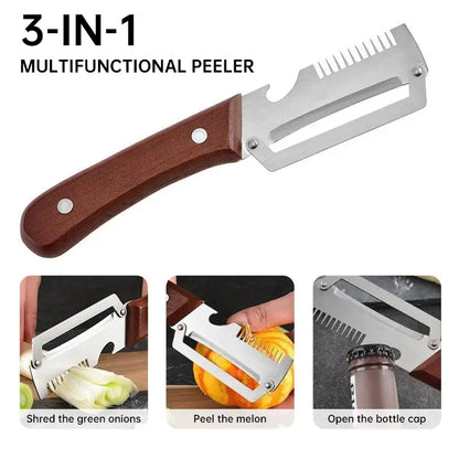 (Upgraded Thickened Version) Wood Handle Multifunction Kitchen Peeler – Peel, Slice, Scrape & Bottle Opener Tool