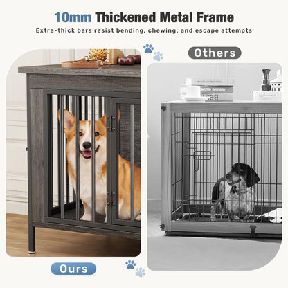 Sweetcrispy 3-In-1 Reinforced Metal & Wood Dual Crate Furniture - 2-Compartment Heavy-Duty Rustic Farmhouse Dog Kennel, TV Stand & Side Table for Living Room, Double Door Locks, 40Lb Capacity, Space Saving, 27.56" L×23.62" W×25.49" H for Small/Med Dogs