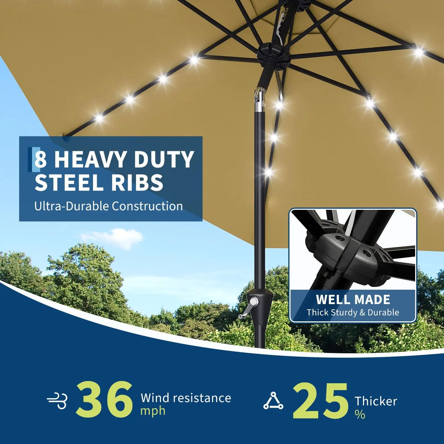 Garvee 10FT Solar LED Patio Umbrella with 32 LED Lights, Outdoor Market Table Umbrella, UPF 50+ UV Protection, Waterproof Vented Canopy, Push Button Tilt & Crank Lift, 8 Ribs