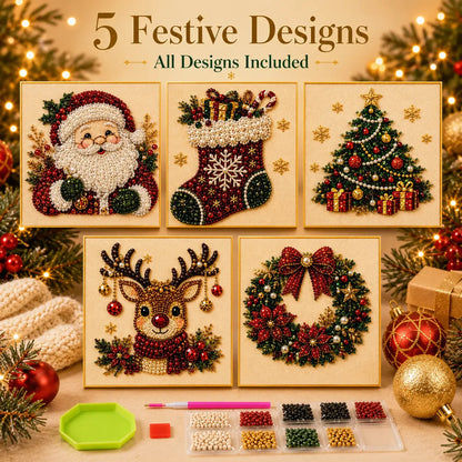 【8*8Inch】Frameless 3D Beaded Christmas Pearl Diamond Painting, Xmas Wreath Stocking Mosaic Art, Stress Relief DIY Home Wall Decoration