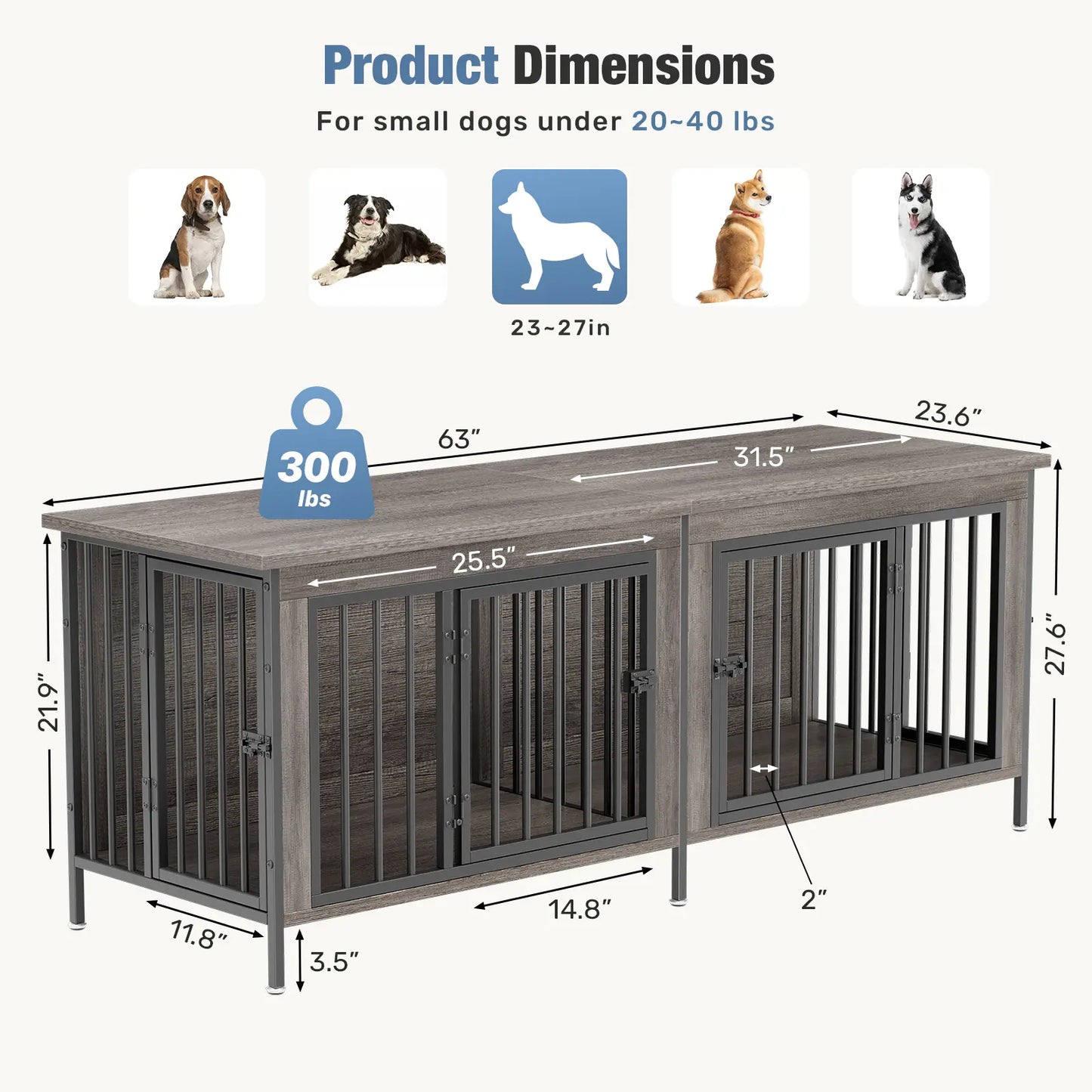 Sweetcrispy 3-In-1 Reinforced Metal & Wood Dual Crate Furniture - 2-Compartment Heavy-Duty Rustic Farmhouse Dog Kennel, TV Stand & Side Table for Living Room, Double Door Locks, 40Lb Capacity, Space Saving, 27.56" L×23.62" W×25.49" H for Small/Med Dogs