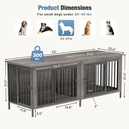 Sweetcrispy 3-In-1 Reinforced Metal & Wood Dual Crate Furniture - 2-Compartment Heavy-Duty Rustic Farmhouse Dog Kennel, TV Stand & Side Table for Living Room, Double Door Locks, 40Lb Capacity, Space Saving, 27.56" L×23.62" W×25.49" H for Small/Med Dogs