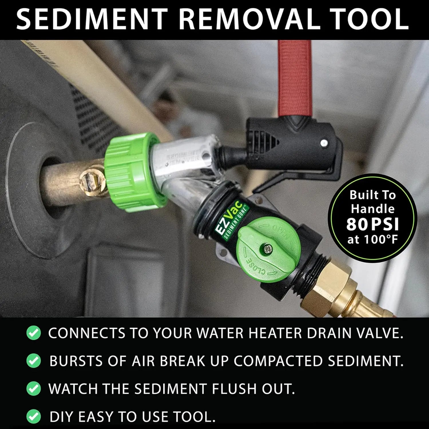 Sediment Removal Water Heater Cleaning Tool - Hand Powered Flushing Aid Small DIY Flush Kit for Gas & Electric Heaters, Heating Efficiency Boost, Garden Hose Compatibility, Small Kit