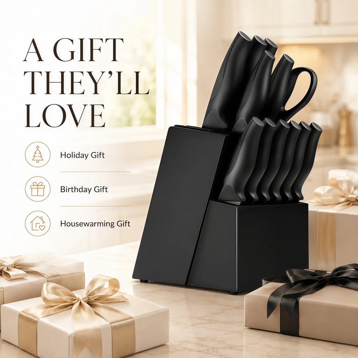 14-Piece Self-Sharpening Stainless Steel Knife Set for Home Kitchen, Black Knives with Storage Block, Built-In Sharpener, ABS Ergonomic Anti-Slip Handles, Dishwasher Safe for Slicing and Cutting Sohochic