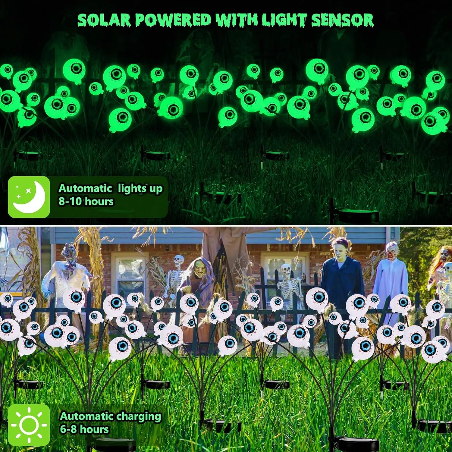 Brizlabs Solar Halloween Lights, 2 Pack 12 LED 2 Modes Halloween Eyeball Lights, Outdoor Pathway Light, Swaying Eye Firefly Walkway Lighting, Green Solar Lighting for Path Yard Garden Lawn,Dorm Essentials,Home Decor,Home Essentials,Camping Essentials