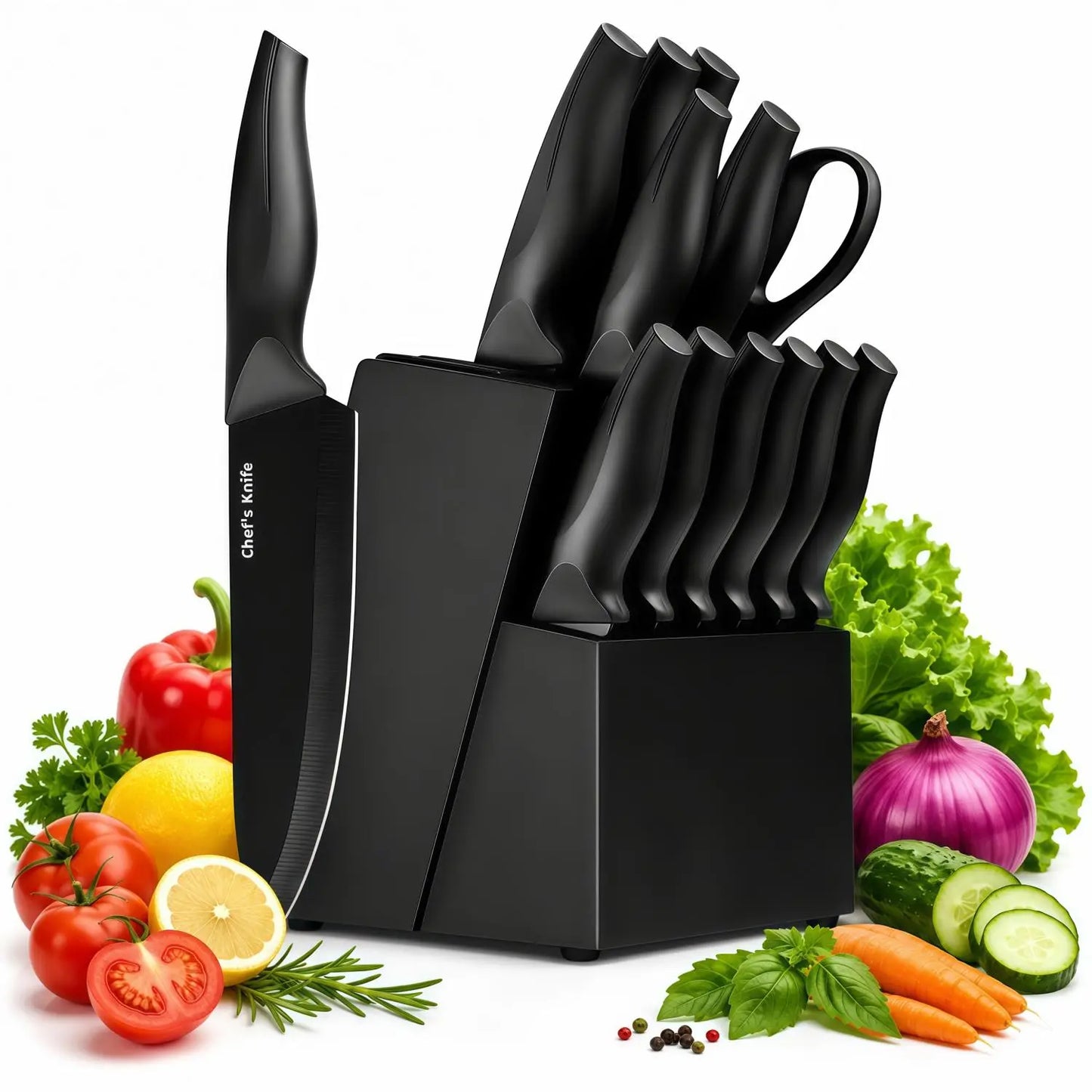 14-Piece Self-Sharpening Stainless Steel Knife Set for Home Kitchen, Black Knives with Storage Block, Built-In Sharpener, ABS Ergonomic Anti-Slip Handles, Dishwasher Safe for Slicing and Cutting Sohochic