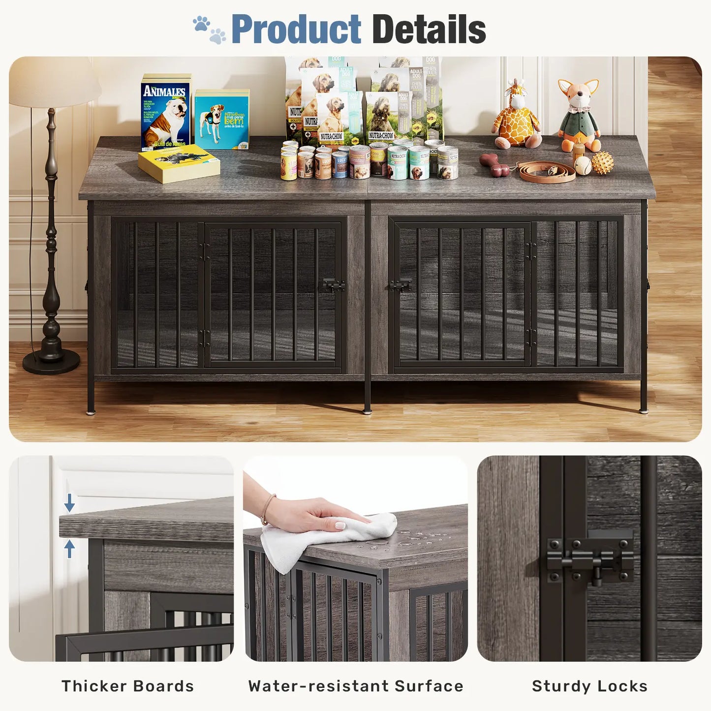 Sweetcrispy 3-In-1 Reinforced Metal & Wood Dual Crate Furniture - 2-Compartment Heavy-Duty Rustic Farmhouse Dog Kennel, TV Stand & Side Table for Living Room, Double Door Locks, 40Lb Capacity, Space Saving, 27.56" L×23.62" W×25.49" H for Small/Med Dogs