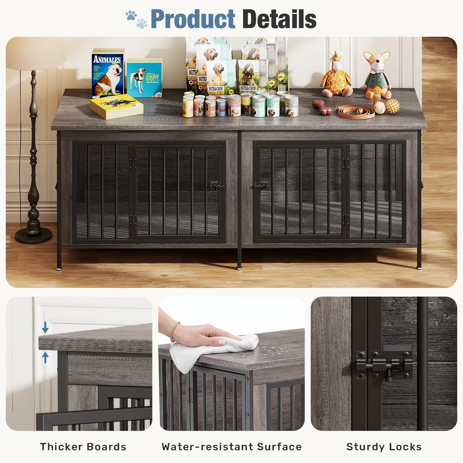 Sweetcrispy 3-In-1 Reinforced Metal & Wood Dual Crate Furniture - 2-Compartment Heavy-Duty Rustic Farmhouse Dog Kennel, TV Stand & Side Table for Living Room, Double Door Locks, 40Lb Capacity, Space Saving, 27.56" L×23.62" W×25.49" H for Small/Med Dogs
