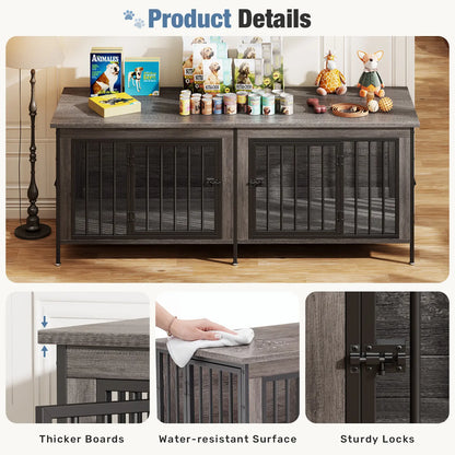 Sweetcrispy 3-In-1 Reinforced Metal & Wood Dual Crate Furniture - 2-Compartment Heavy-Duty Rustic Farmhouse Dog Kennel, TV Stand & Side Table for Living Room, Double Door Locks, 40Lb Capacity, Space Saving, 27.56" L×23.62" W×25.49" H for Small/Med Dogs