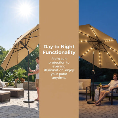 Garvee 10FT Solar LED Patio Umbrella with 32 LED Lights, Outdoor Market Table Umbrella, UPF 50+ UV Protection, Waterproof Vented Canopy, Push Button Tilt & Crank Lift, 8 Ribs