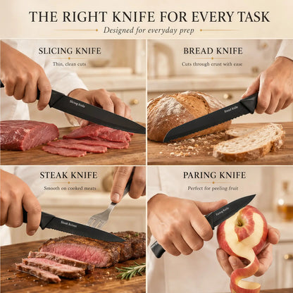 14-Piece Self-Sharpening Stainless Steel Knife Set for Home Kitchen, Black Knives with Storage Block, Built-In Sharpener, ABS Ergonomic Anti-Slip Handles, Dishwasher Safe for Slicing and Cutting Sohochic