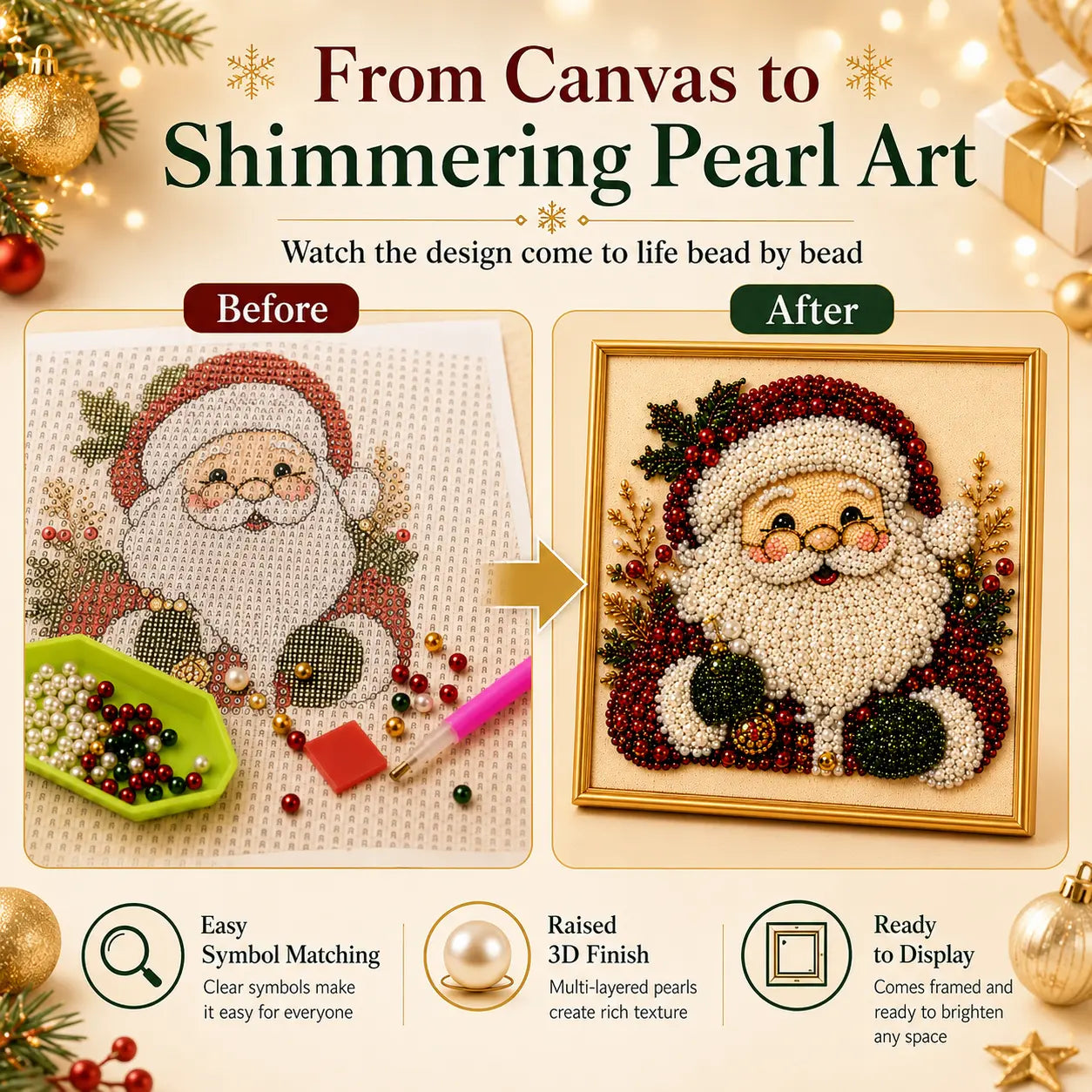 【8*8Inch】Frameless 3D Beaded Christmas Pearl Diamond Painting, Xmas Wreath Stocking Mosaic Art, Stress Relief DIY Home Wall Decoration