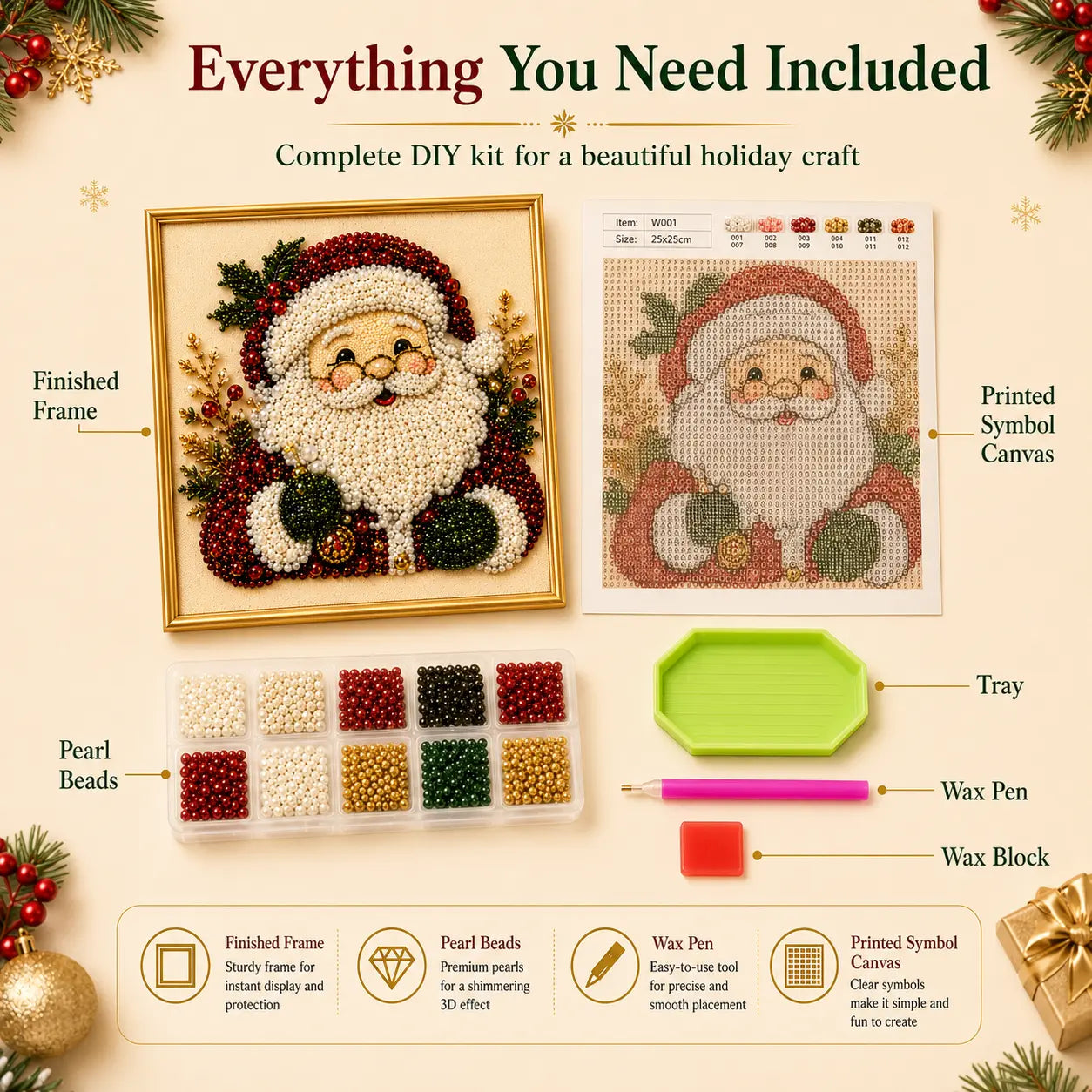 【8*8Inch】Frameless 3D Beaded Christmas Pearl Diamond Painting, Xmas Wreath Stocking Mosaic Art, Stress Relief DIY Home Wall Decoration