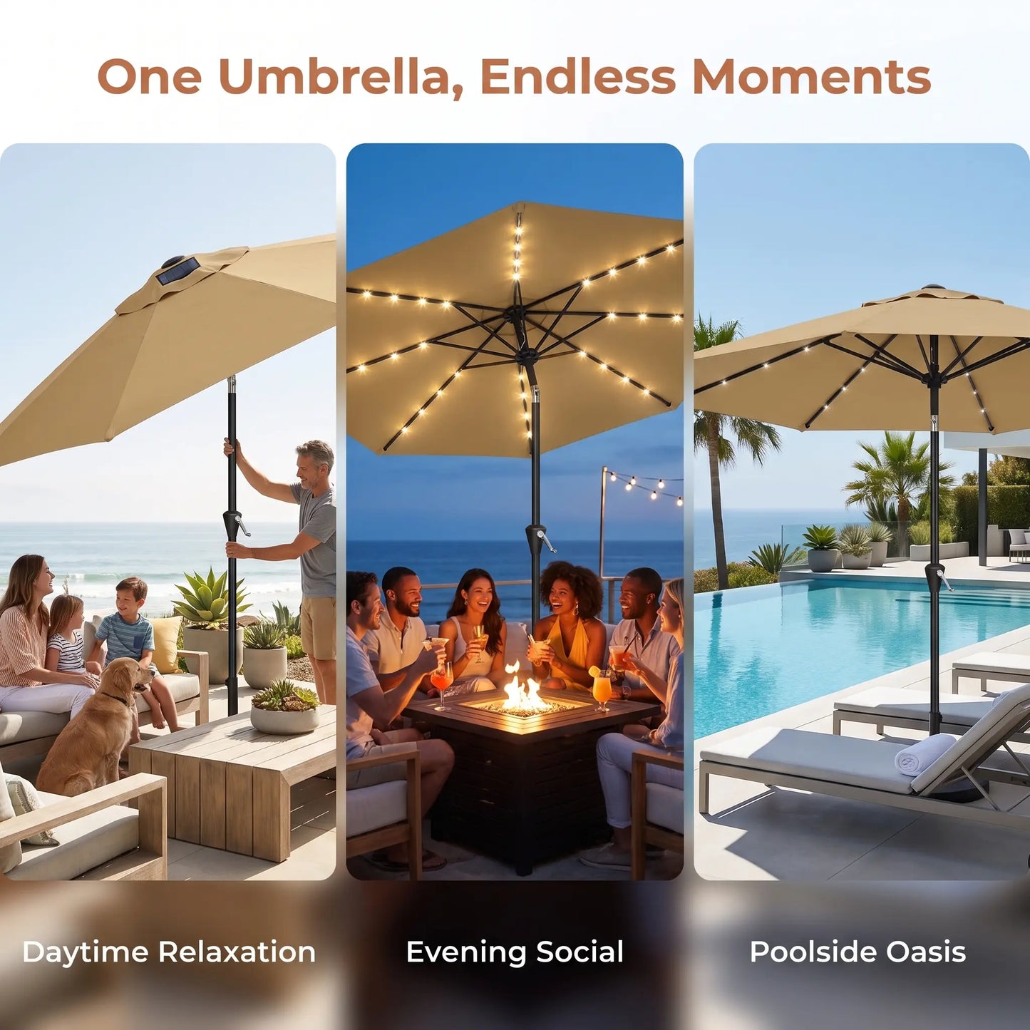 Garvee 10FT Solar LED Patio Umbrella with 32 LED Lights, Outdoor Market Table Umbrella, UPF 50+ UV Protection, Waterproof Vented Canopy, Push Button Tilt & Crank Lift, 8 Ribs